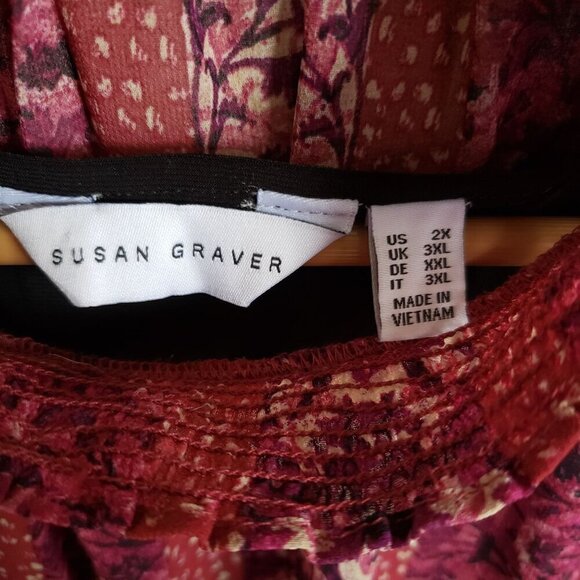 Susan Graver Chiffon Smocked Mock Neck Blouse Built in Tank Boho Berry Size 2X - Picture 2 of 12